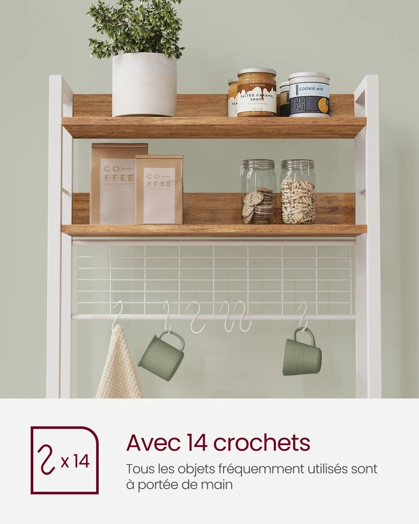 Mensola da cucina con multipresa supporto per microonde ripiano portaoggetti con pannello in rete metallica 14 ganci 40 x 80 x 170 cm bianco 12_0005671