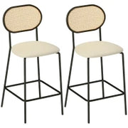 Set di 2 Sgabelli Alti da Cucina con Schienale in Rattan Seduta in PU Struttura in Acciaio e Poggiapiedi Beige