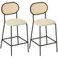 Set di 2 Sgabelli Alti da Cucina con Schienale in Rattan Seduta in PU Struttura in Acciaio e Poggiapiedi Beige