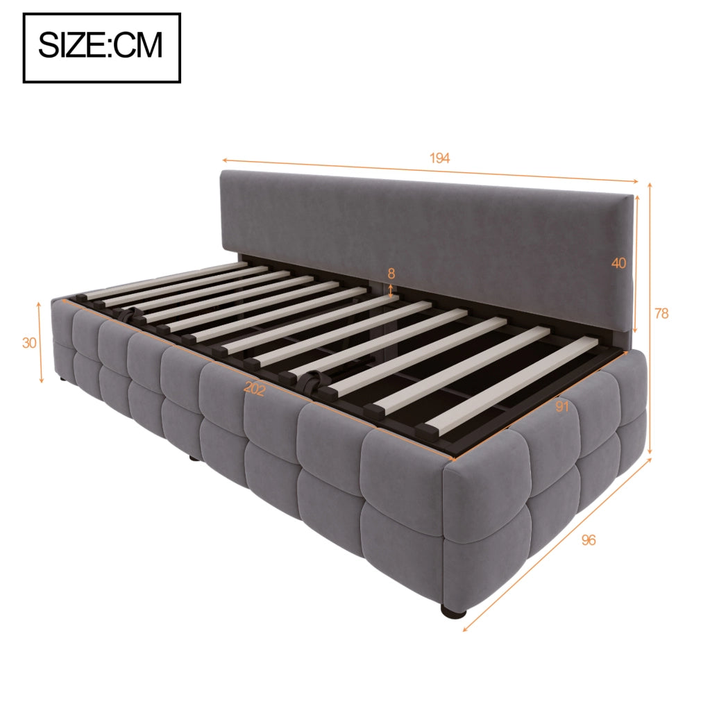 Letto singolo imbottito 90x200 cm con contenitore idraulico e schienale