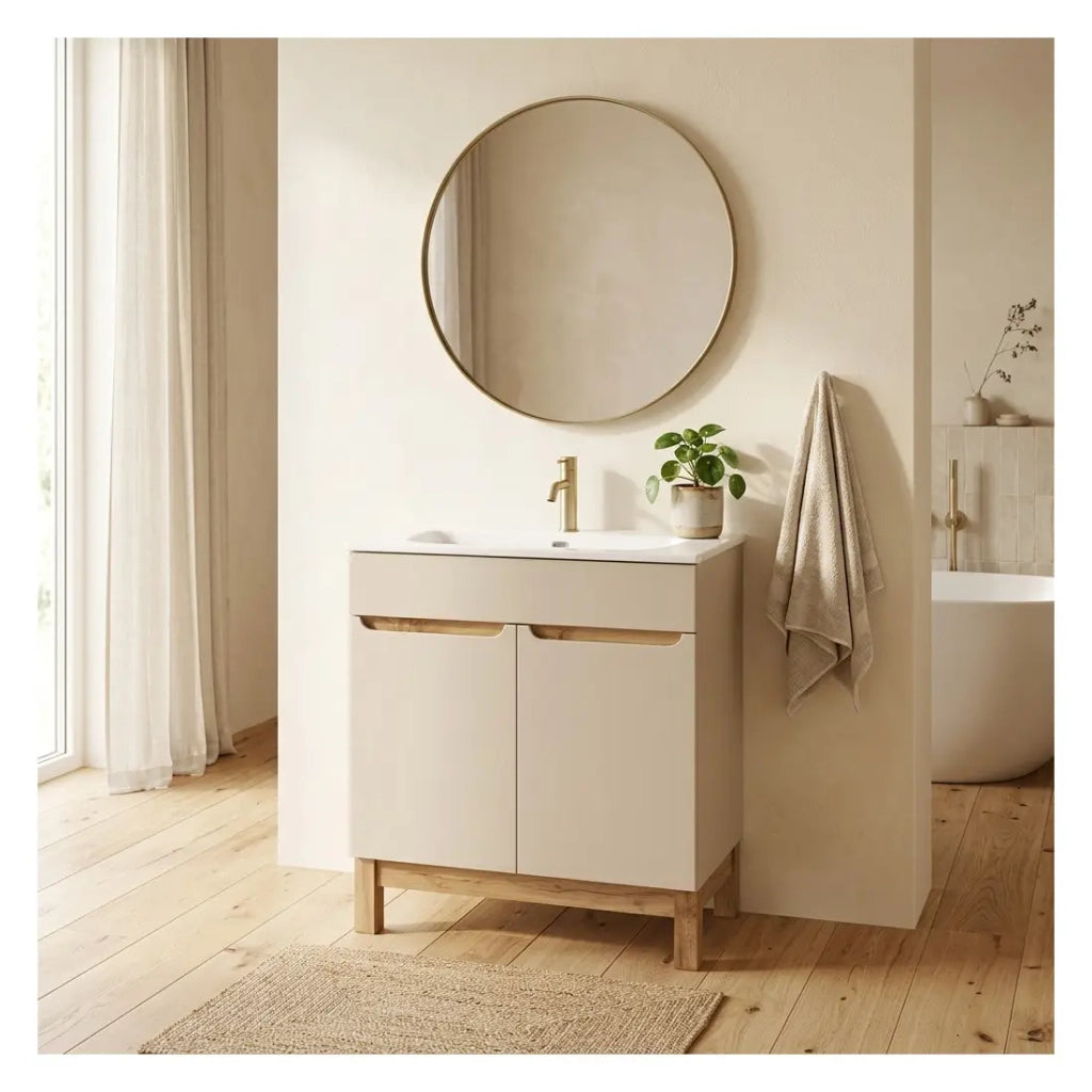 Set da bagno ERMANO cachemire e finitura rovere 80cm: mobile sotto lavabo + lavabo incassato bianco