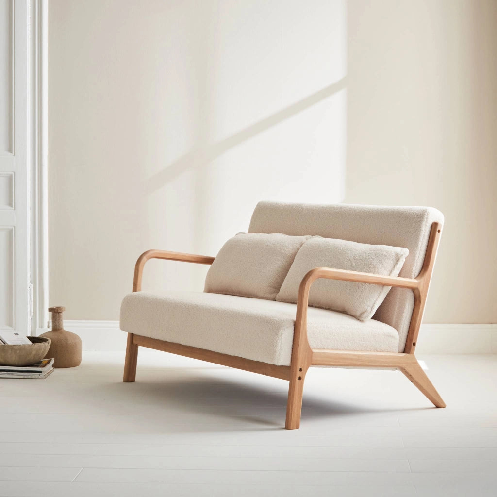 Panca stile scandinavo in legno e bouclé, 2 posti, crema