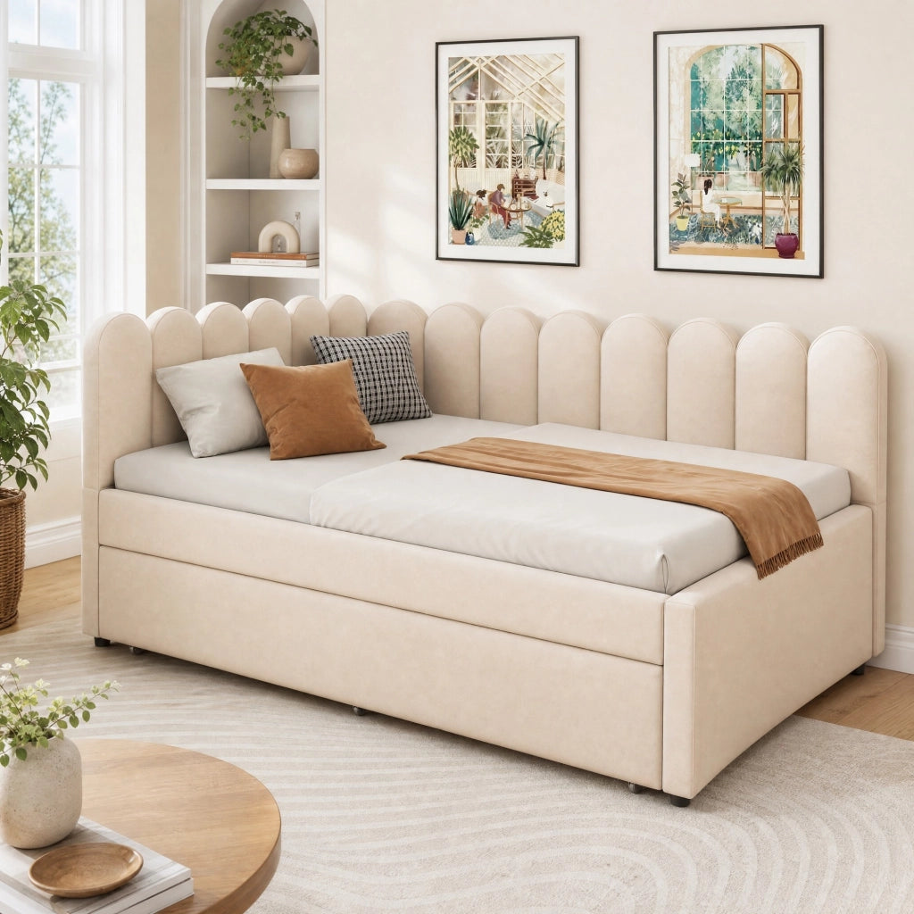 Letto imbottito a L con letto estraibile 140x200 cm in tessuto beige; 205x148x90 cm
