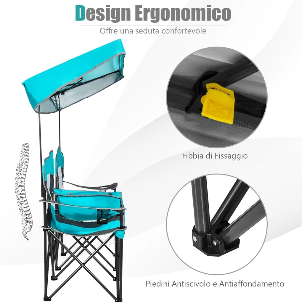 Sedie da Campeggio Pieghevoli, Panchina da Picnic a 2 Posti Regolabile con Tettoia, Sedia Portatile e Pieghevole per Campeggio, Spiaggia, Giardino (Blu Marino)