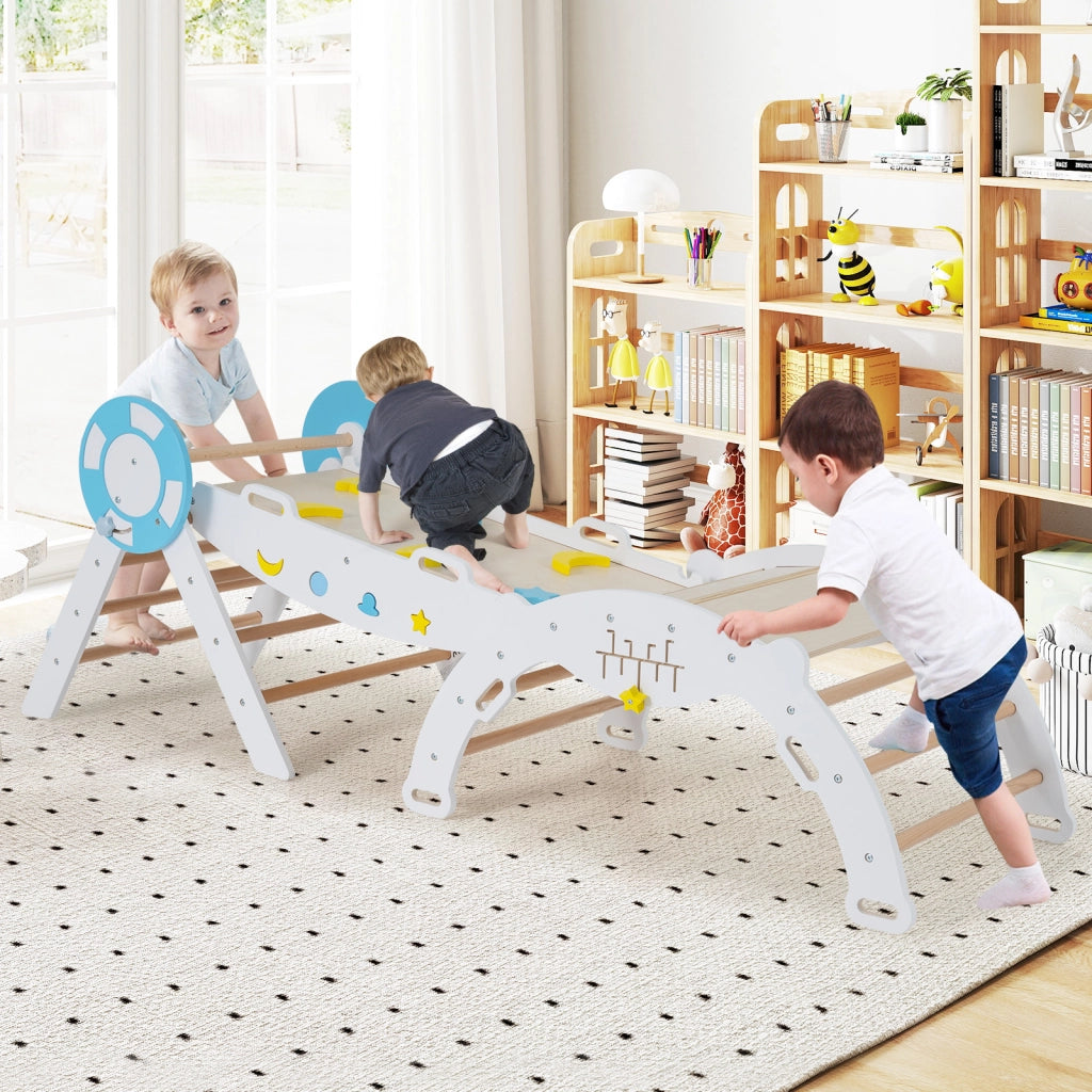 Set triangolare 7 in 1 legno montessori nautico arrampicata scivolo-Set scala arco labirinto palestra interna pieghevole bambini Bianco