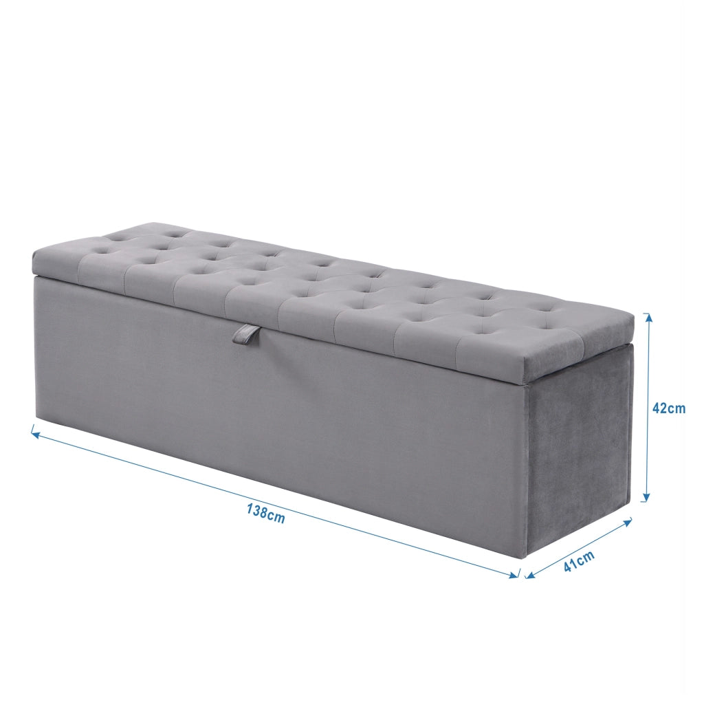 Panca contenitore in velluto grigio 138 x 41 x 42 cm; ottomana con seduta imbottita