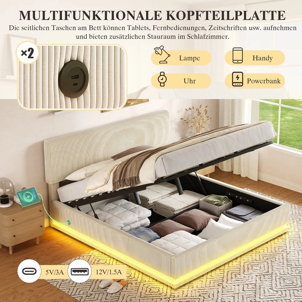 Letto Imbottito con LED, USB-C, Testiera Regolabile e Contenitore ¨C MINIMAL ¨C Velluto a Coste Beige 140x200