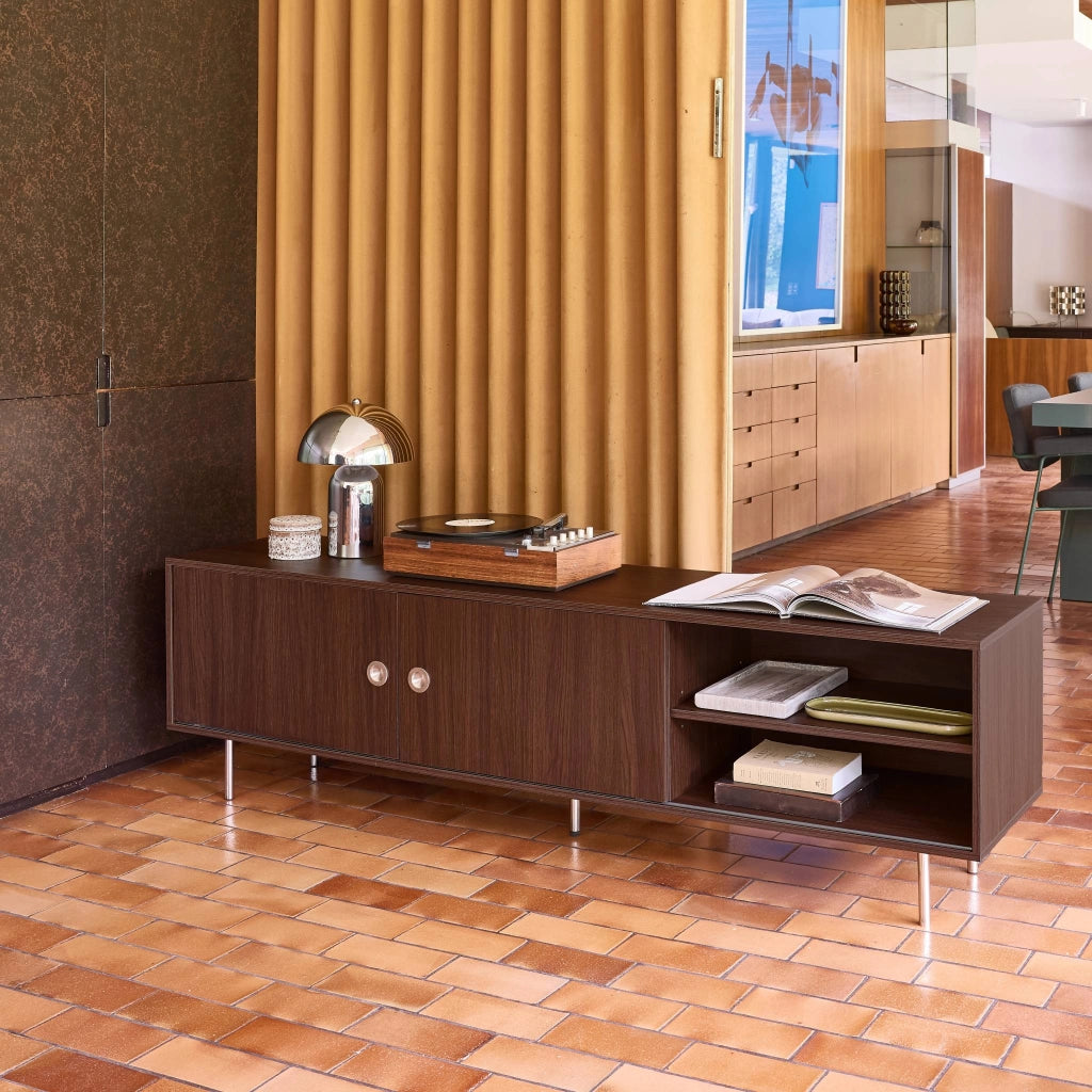 Mobile tv vintage in legno e acciaio inossidabile 2 ante, 180cm, noce