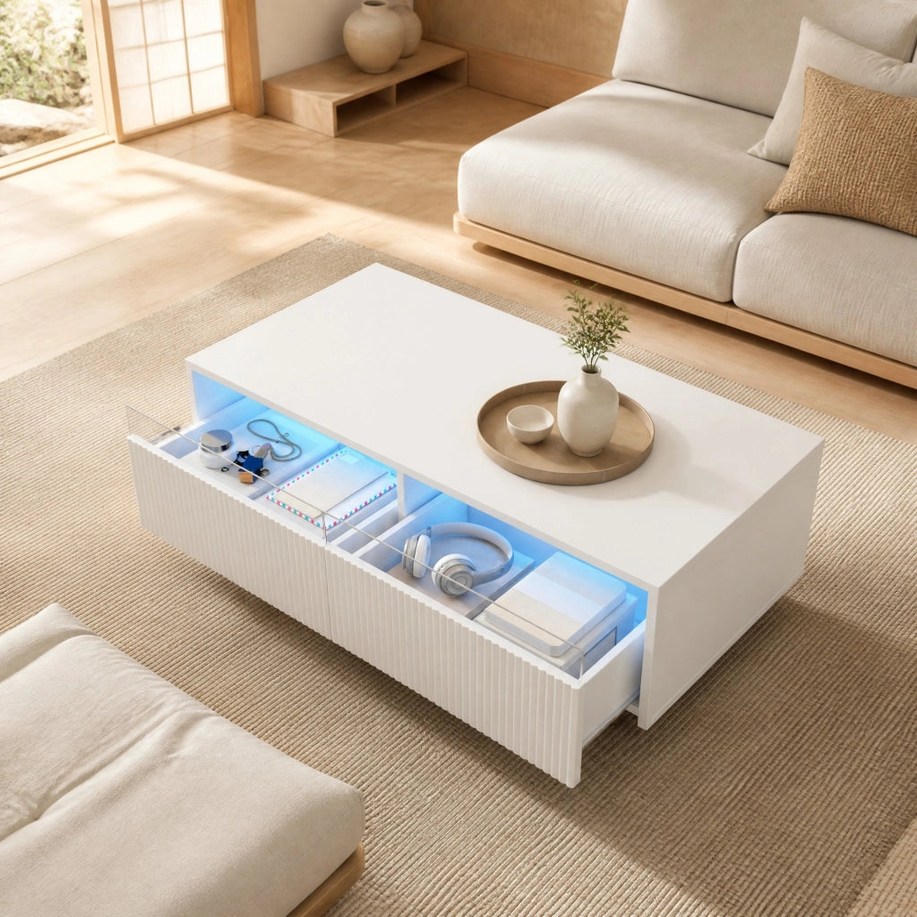 TAVOLO DA SALOTTO 110x50x40 cm Bianco con LED e 2 Cassetti