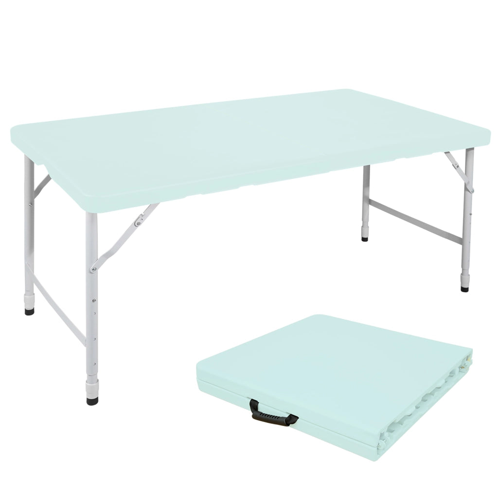 Tavolo da pranzo pieghevole regolabile in altezza con struttura in acciaio e piano in plastica per interno ed esterno blu