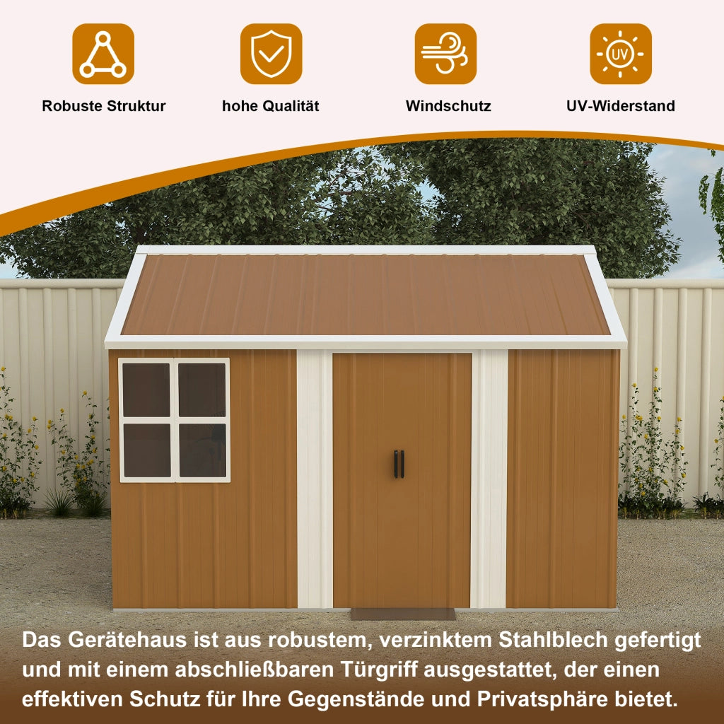Armadio da giardino in acciaio con doppie porte scorrevoli, ventilazione e tetto a due falde marrone 296 × 233 × 194 cm