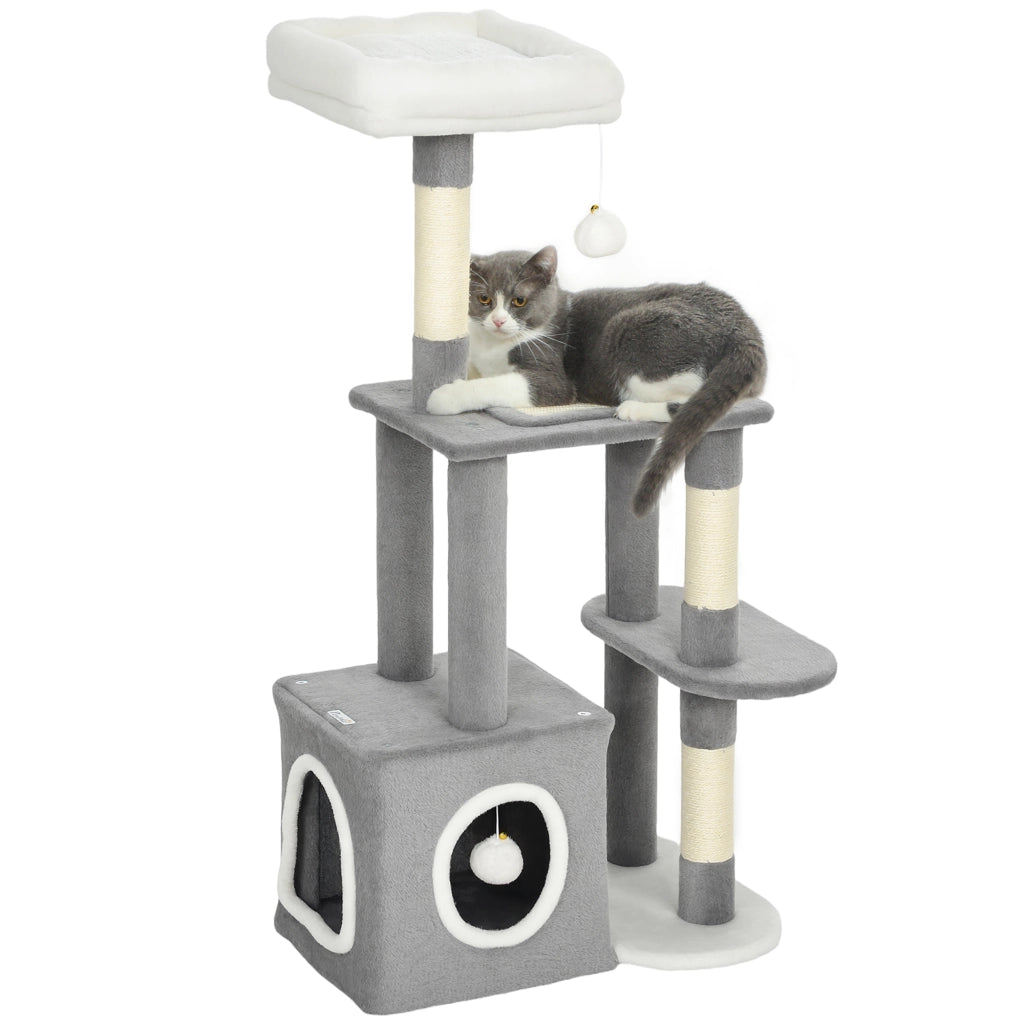 Albero Tiragraffi per Gatti con Casetta e Lettino ¨C Zephmum ¨C Legno e Peluche, Grigio e Bianco, 55x40x107 cm