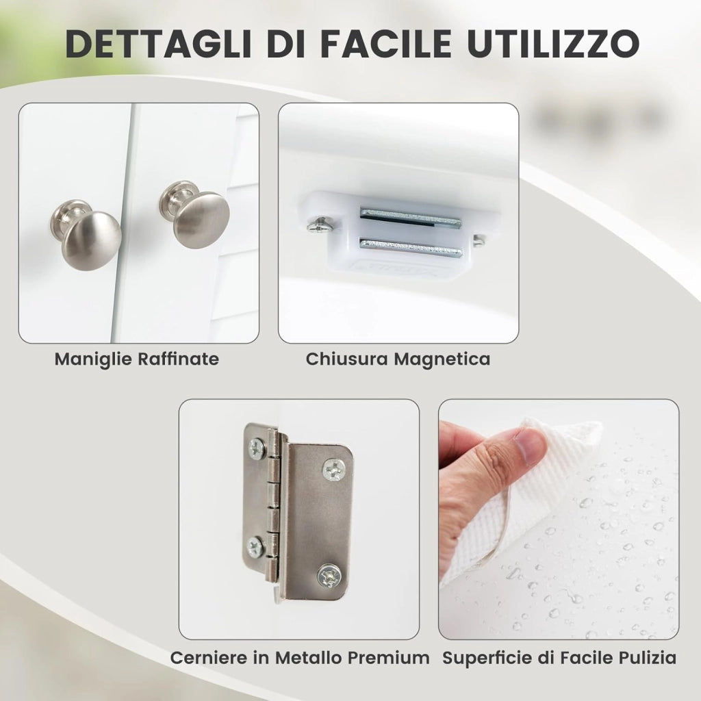 Mobile Sottolavabo per Bagno, Armadietto a Terra con 2 Ante a Persiana, Ripiano e Taglio a U 24 x 20cm, Organizer Moderno e Salvaspazio per Prodotti da Toeletta e Asciugamani, Bianco