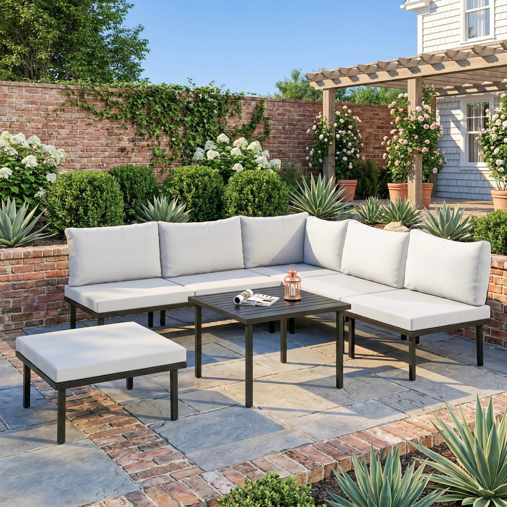Set Lounge 6 Posti con Divano Angolare 2 Sedie Tavolino e Poggiapiedi ¨C Zephmum ¨C Grigio Polyrattan