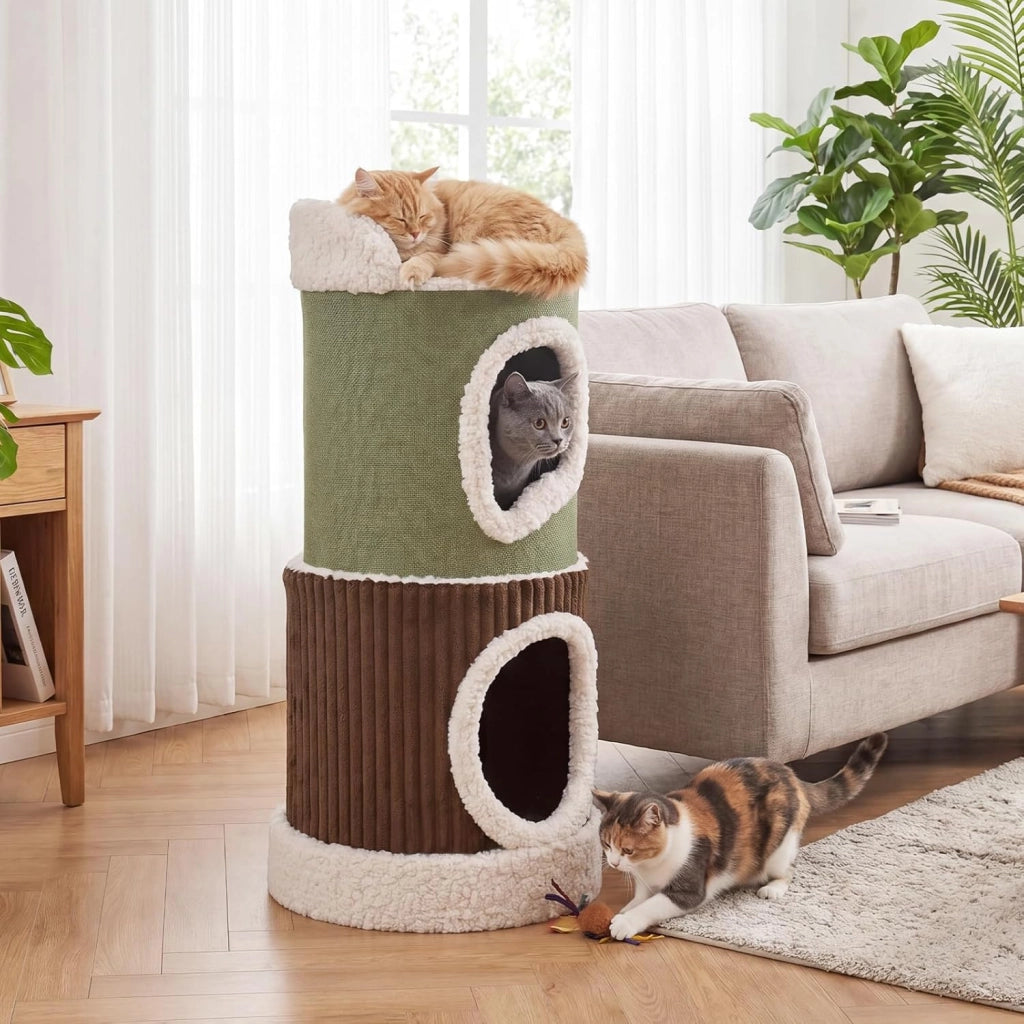 Tiragraffi per Gatti a 2 Livelli, Cuccia Cilindro in Velluto Morbido con Trespolo Superiore, 2 Casette Spaziose e Base Rotonda Rimovibile, Centro Attivitàper Gatti, 41 x 41 x 85 cm