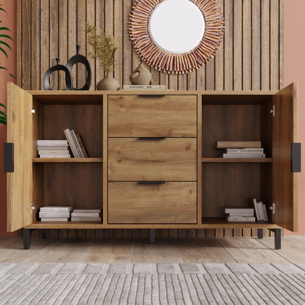 Cassettiera con 2 Ante e 3 Cassetti con Ripiano Regolabile; Stile Industriale; in Pannelli; Rovere Scuro; 120??40??76 cm