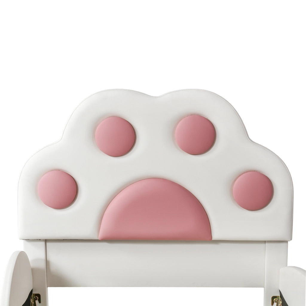 DESMIU Letto per bambini 90 × 200 cm con scivolo, scala a 2 gradini e tasca, senza materasso, in PU, bianco e rosa