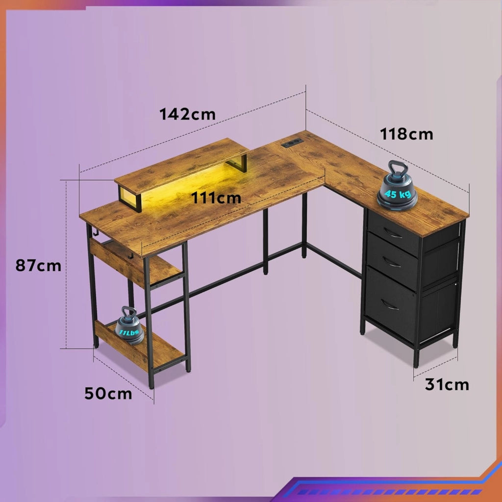 Scrivania angolare in legno ¨C zephmum ¨C 142x118 cm, con cassetti, presa e USB, marrone