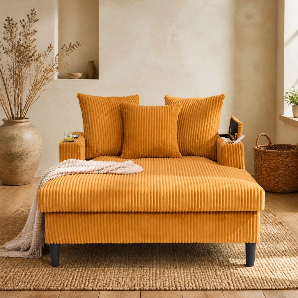 CHAISE LONGUE 129x170x70 cm in velluto corduroy senape con 2 pacchi