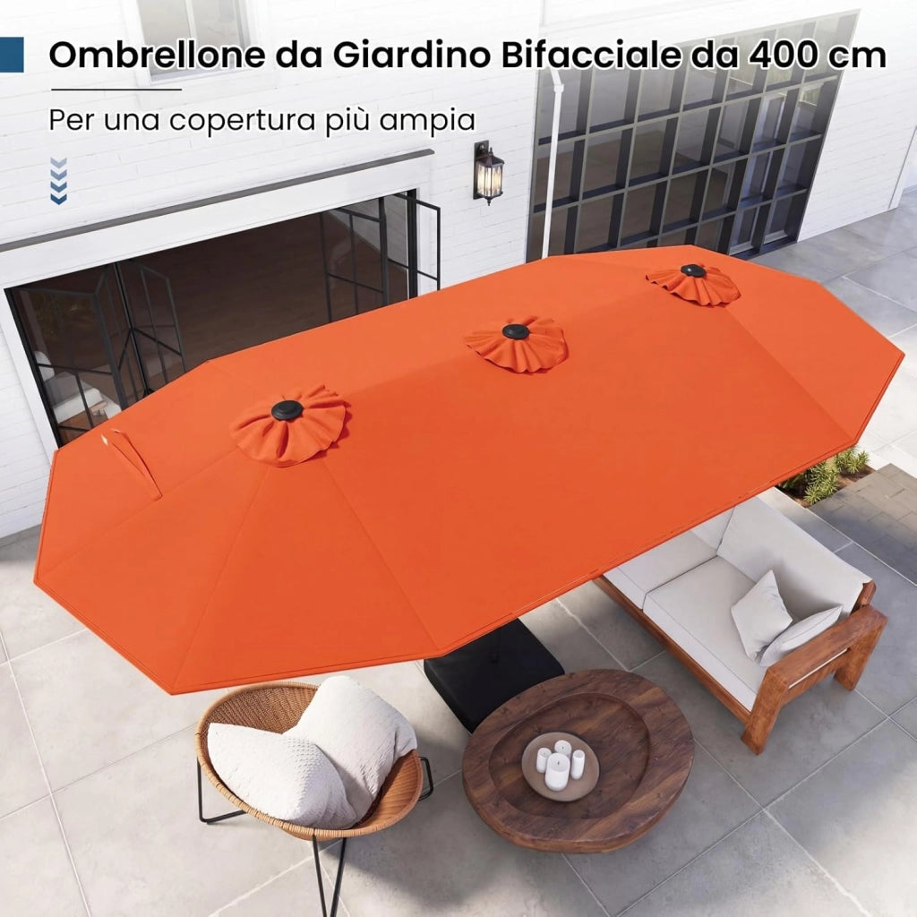 Ombrellone da Giardino Doppio 400 x 200 cm, con 36 Luci LED Solari, Manovella 12 Stecche, Base, Anti-UV, Rettangolare, per Giardino Piscina Cortile (Arancione)