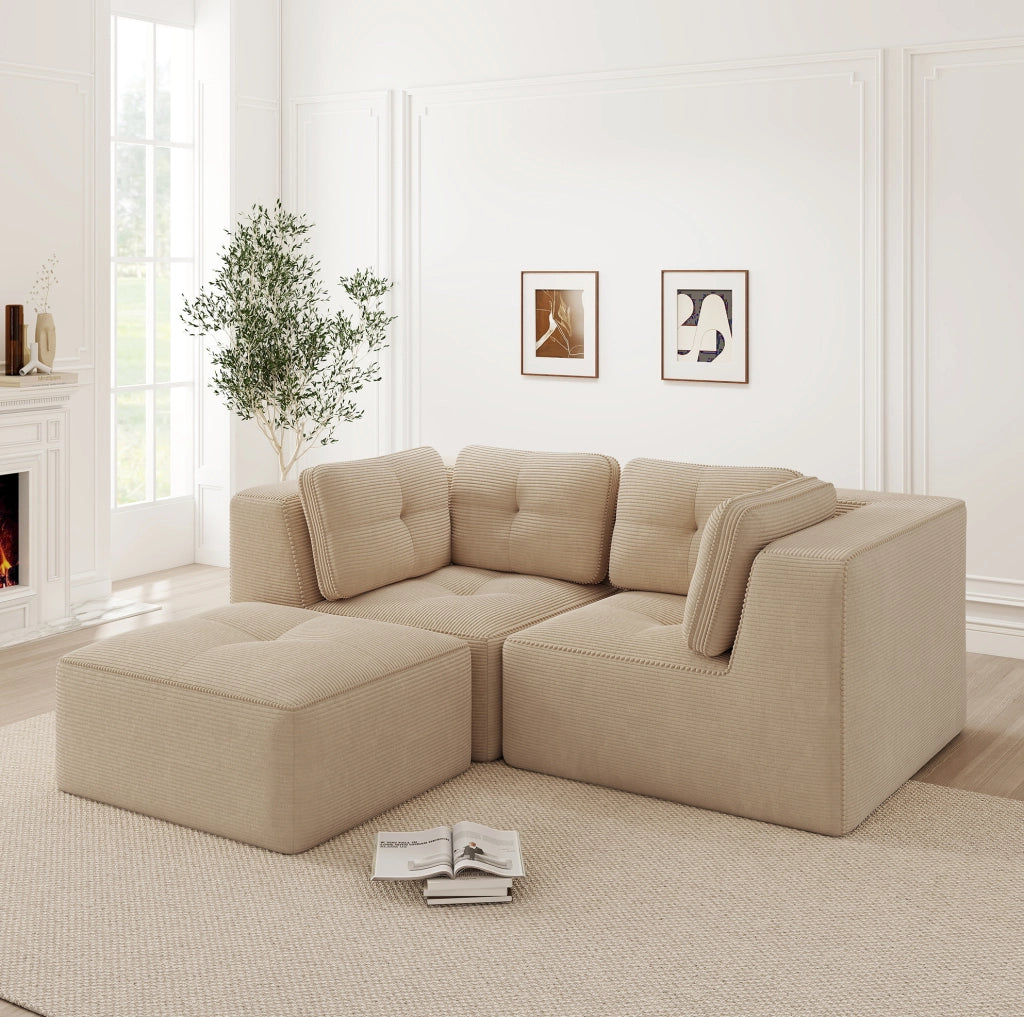 Divano angolare modulare beige in velluto a coste; configurabile
