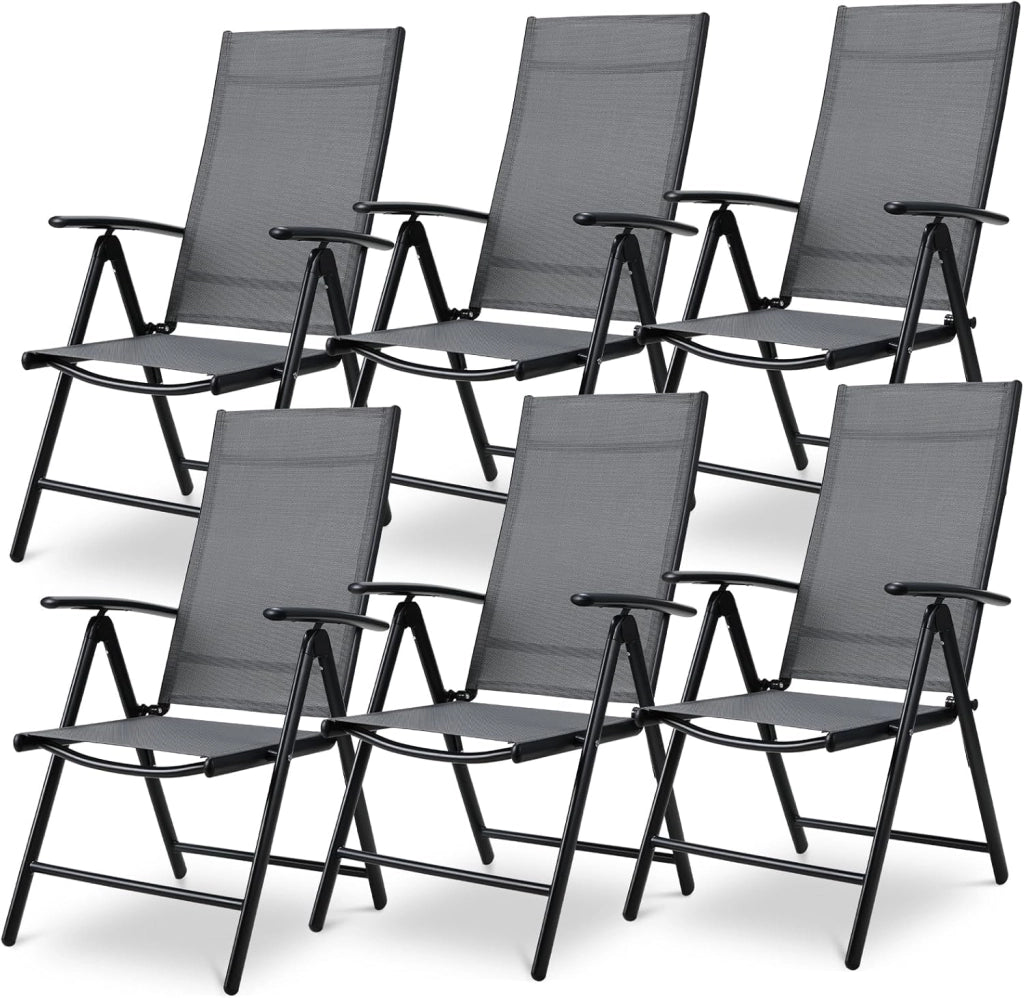 Sedia da giardino con schienale alto, set da 6 pezzi, in alluminio, con schienale regolabile in 7 posizioni, sedia da balcone, sedia da campeggio, traspirante e resistente alle intemperie