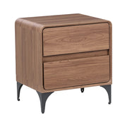 Comodino marrone scuro in MDF con 2 cassetti e gambe in ferro dal design moderno per camera da letto
