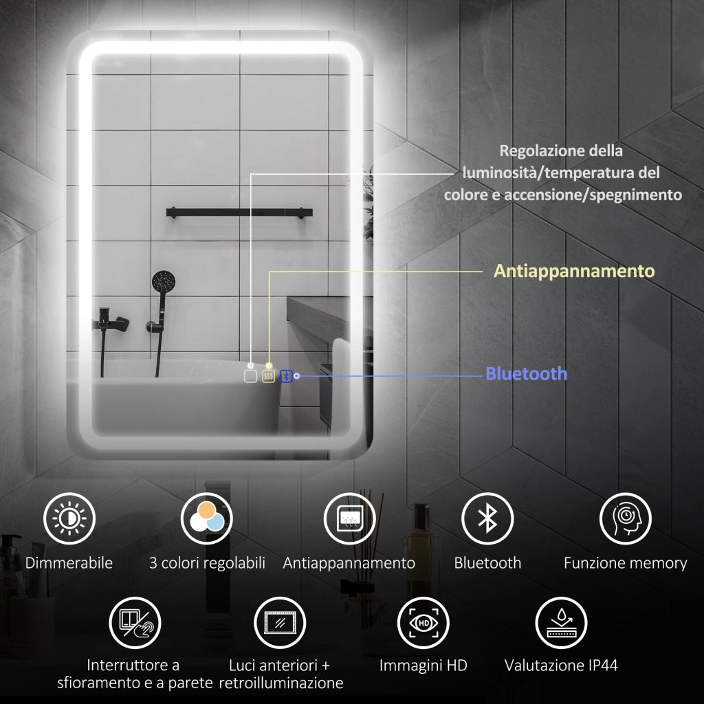 Specchio Bagno LED in Vetro Temperato con Bluetooth 70x50x3.5 cm Luce Regolabile e Touch Design Moderno