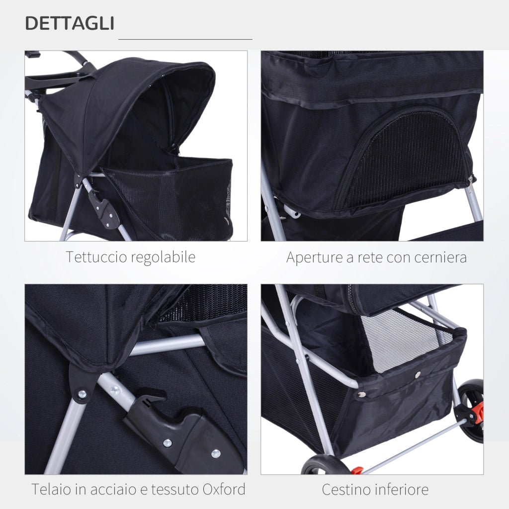 EasyComfort Passeggino per Cani Piccoli Pieghevole, Carrozzina per Cani con Ruote con Freni, Portabicchieri, Cestino Portaoggetti, 3 Finestre e Ruote Anteriori a 360°, per Animali Domestici 10 kg, Nero