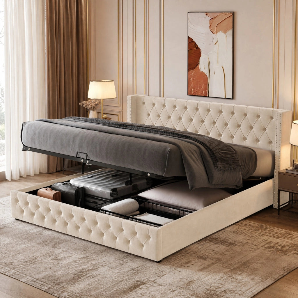 Letto matrimoniale 140x190 cm con contenitore e sollevamento idraulico in velluto beige