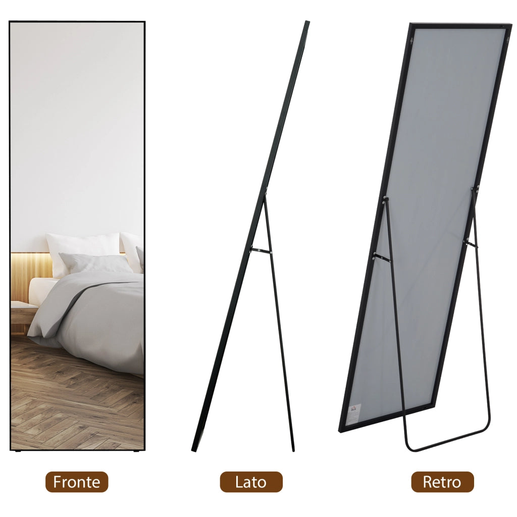 Specchio a Figura Intera da Terra o a Parete 50x2x161,5 cm in Metallo e Lega di Alluminio Nero