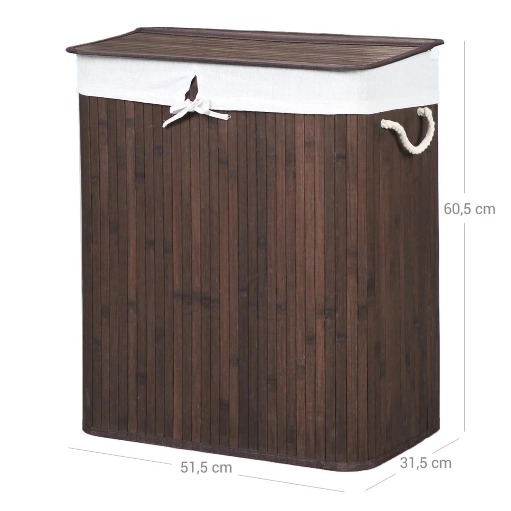 Cesto portabiancheria con coperchio cesto portabiancheria in bambù 2 scomparti per la raccolta differenziata sacco rimovibile manici in cotone capacità 100 litri per lavanderia camera da letto marrone 12_0003033