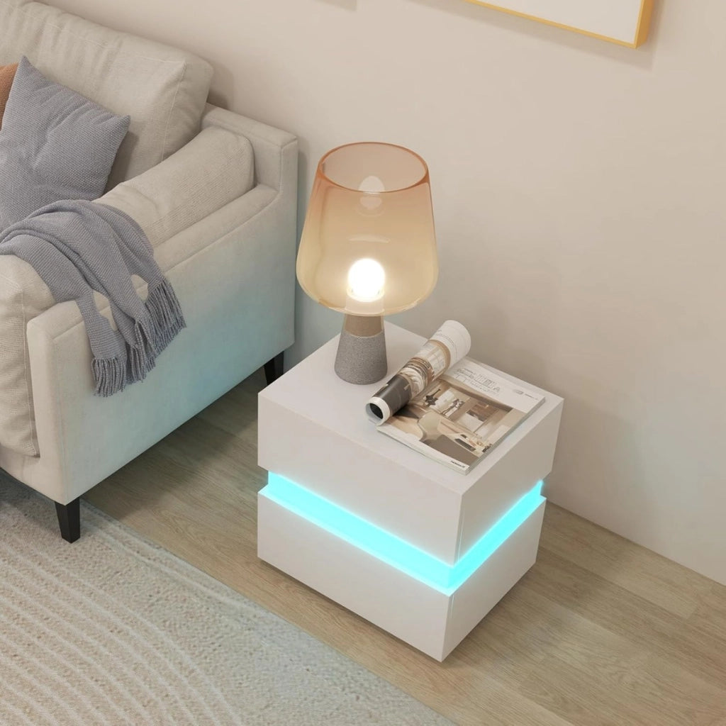 Tavolino comodino a LED con cassetti e telecomando, Comodino con 22 modalit¨¤ di luce, 10 velocit¨¤ e 5 luminosit¨¤ Bianco