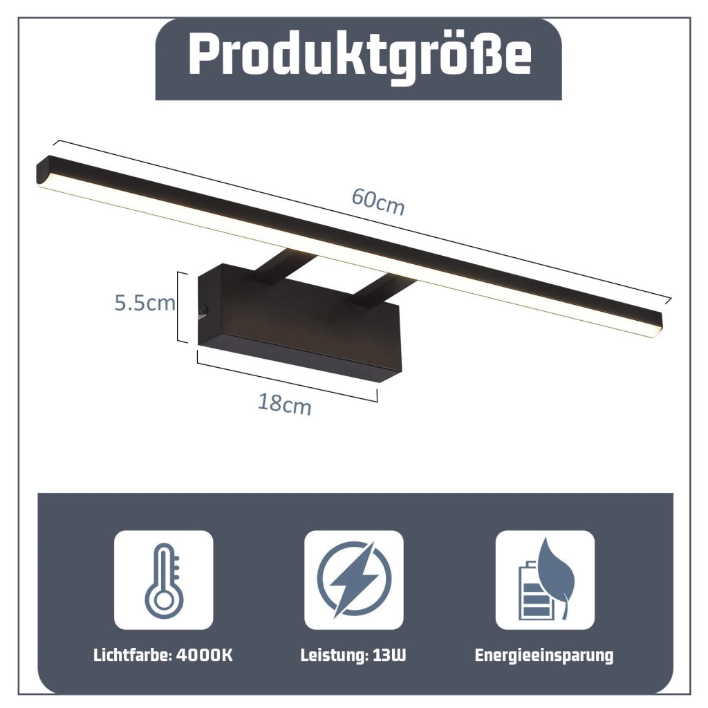 ZMH Lampada da specchio a LED per bagno 60 cm lampada da parete 13 W nero opaco bianco neutro cucina corridoio
