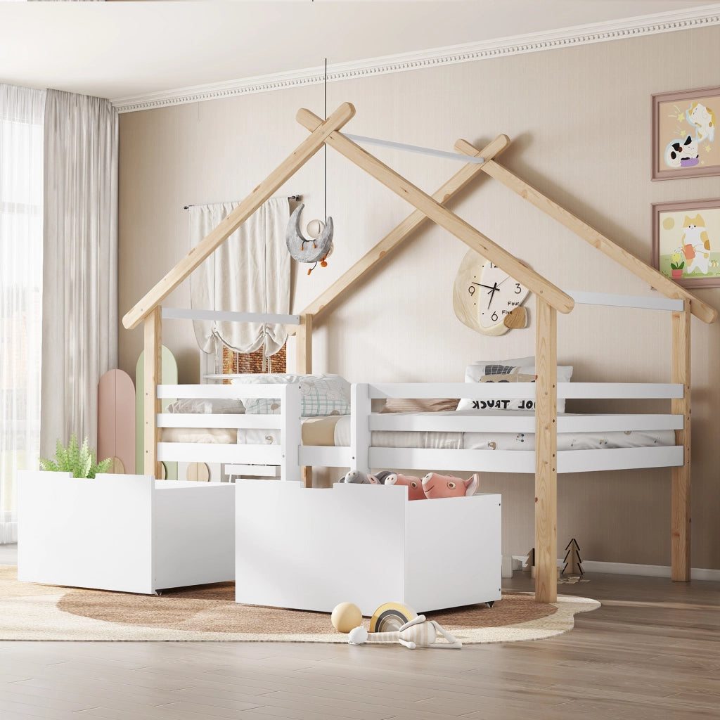 Letto a casa per bambini bianco e naturale in legno massello e MDF con funzione contenitore 90x200 cm
