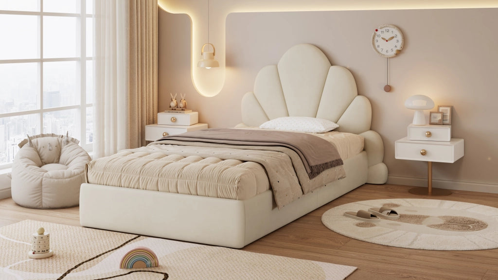 Letto singolo imbottito, testiera con petali curvi, semplice, elegante e confortevole, struttura letto moderna, velluto, beige, 90x200 cm