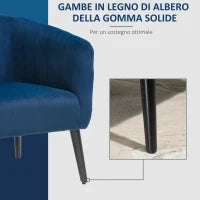 Poltroncina Moderna Sedia Imbottita Stile Nordico, Rivestimento in Velluto e Gambe in Legno, Blu, 70.5x70x76cm