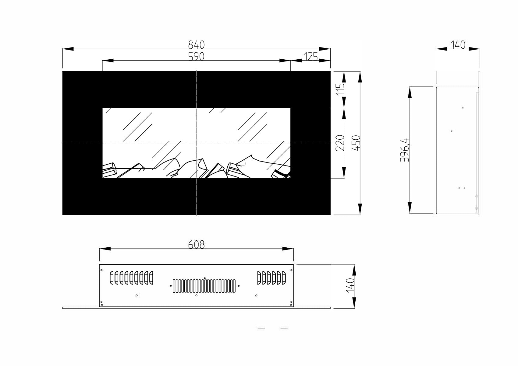 Camino Elettrico da Parete 45x84x14 cm Effetto Fiamma 1500W Marcus Nero