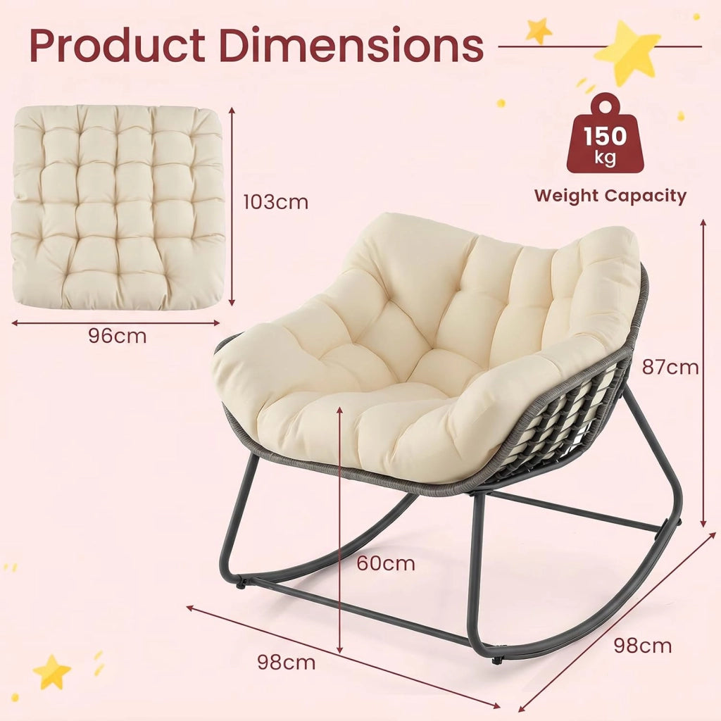 Sedia a Dondolo da Esterno e Interno, Poltrona Relax da Giardino in Rattan PE, con Cuscino Imbottito, Sedile Ampio e Antiribaltamento, per Salotto, Balcone, Terrazza, Portata 150 kg, Beige