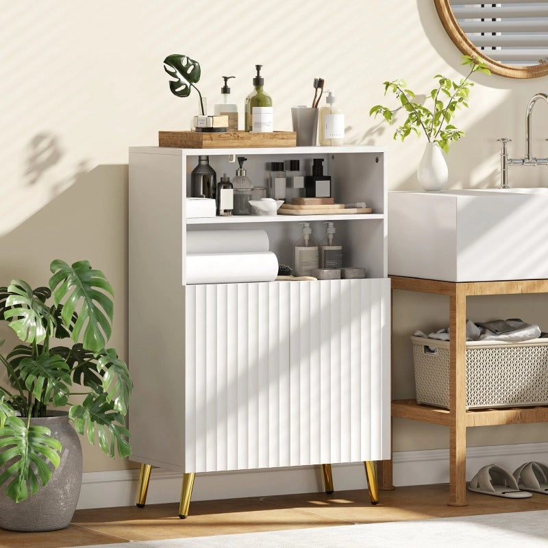 Mobile bagno con 2 ripiani aperti, anta soft-close, MDF bianco, design moderno con dettagli dorati