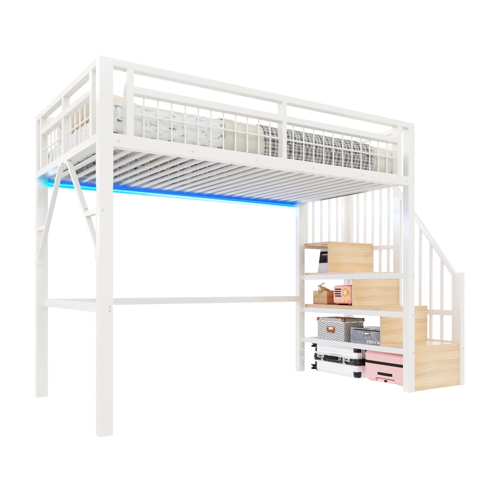 Letto a soppalco 90x200 cm con LED, scale contenitore, bianco