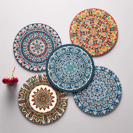 Set di 5 sottopiani ceramici boho per bicchieri, assorbenti con fondo di corno e contenitore nero
