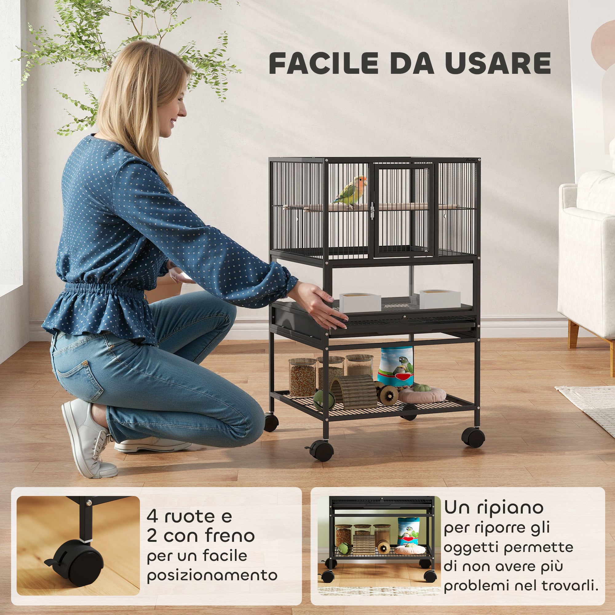 Gabbia per Uccelli 48x46x83 cm Vassoio e Griglia Rimovibili con Ripiano Portaoggetti in Acciaio e PP Nero