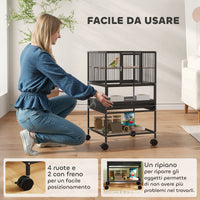 Gabbia per Uccelli 48x46x83 cm Vassoio e Griglia Rimovibili con Ripiano Portaoggetti in Acciaio e PP Nero