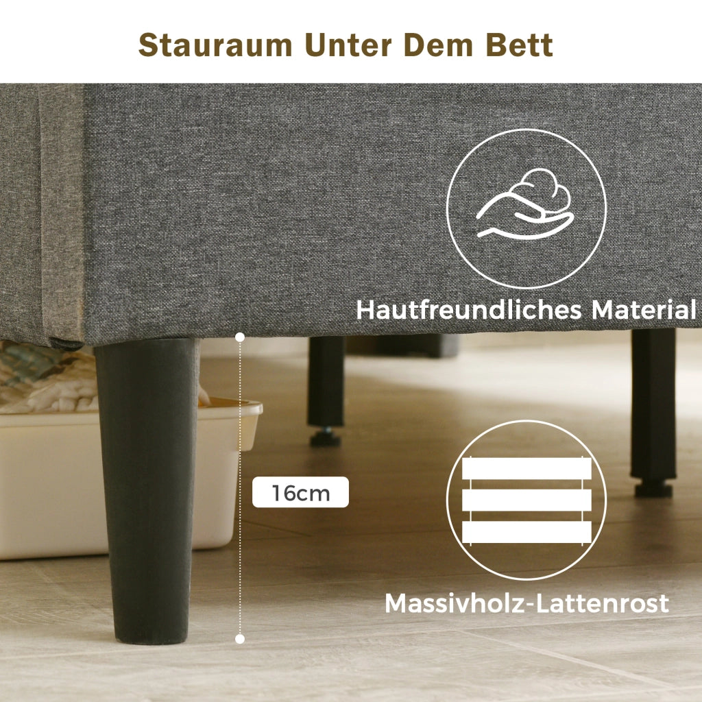 LETTO imbottito 140x200 cm Grigio con testiera contenitore e LED