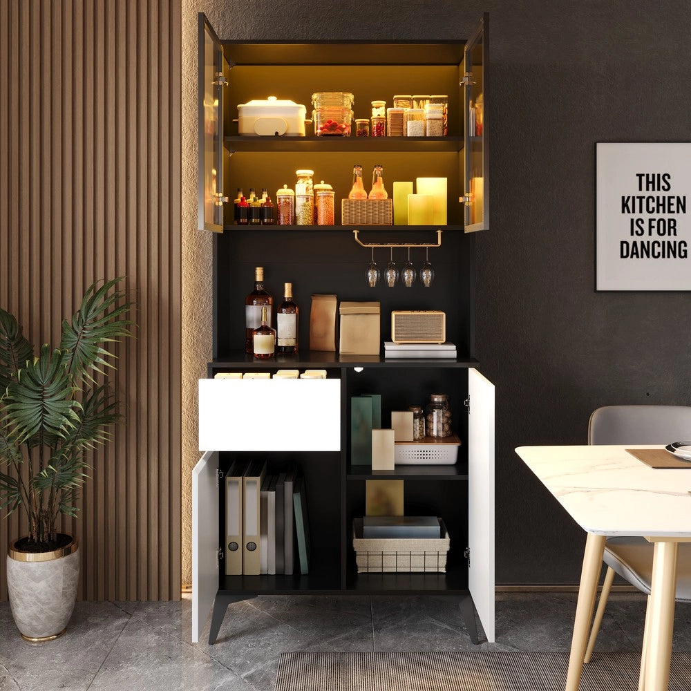 Mobile Scaffale Vetrina ¨C Minimal ¨C Nero bianco, MDF, elementi in vetro, con luci LED integrate