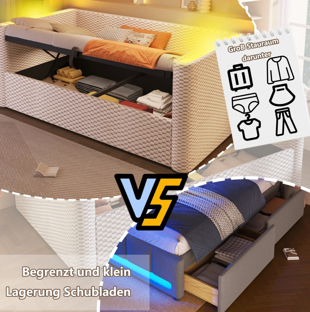 Divano letto 90x200 cm in velluto beige con LED e vano contenitore