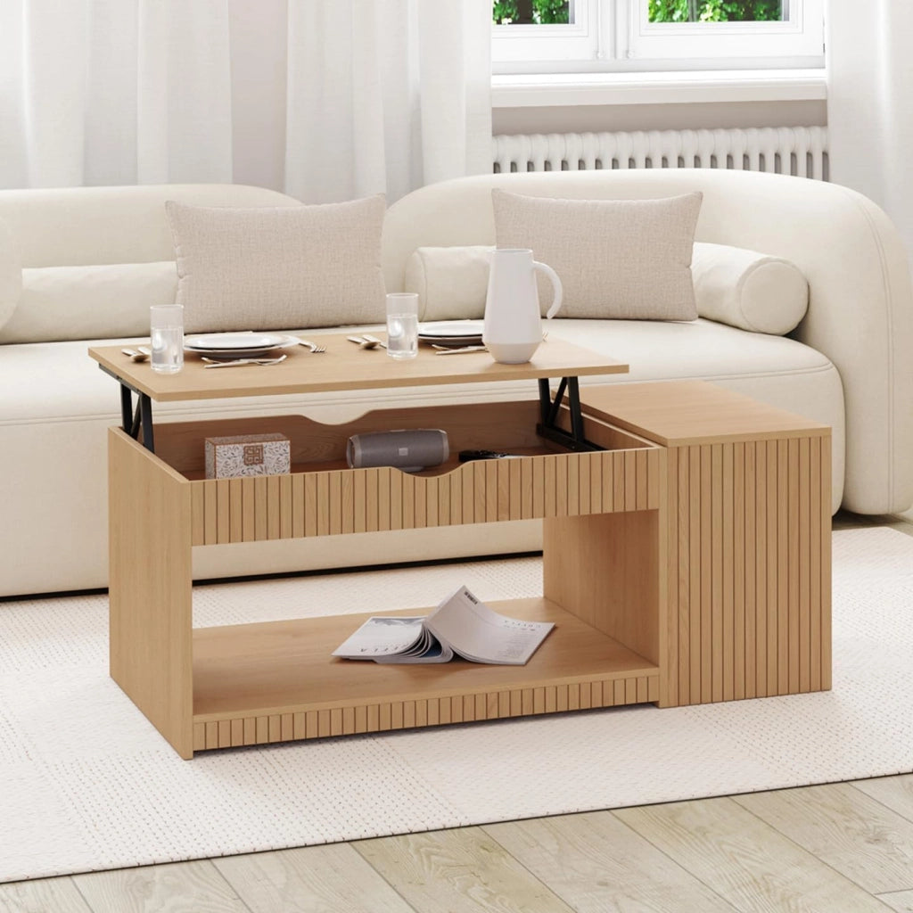 Tavolino rettangolare alzabile JULIETTE con cassa in legno a doghe color rovere