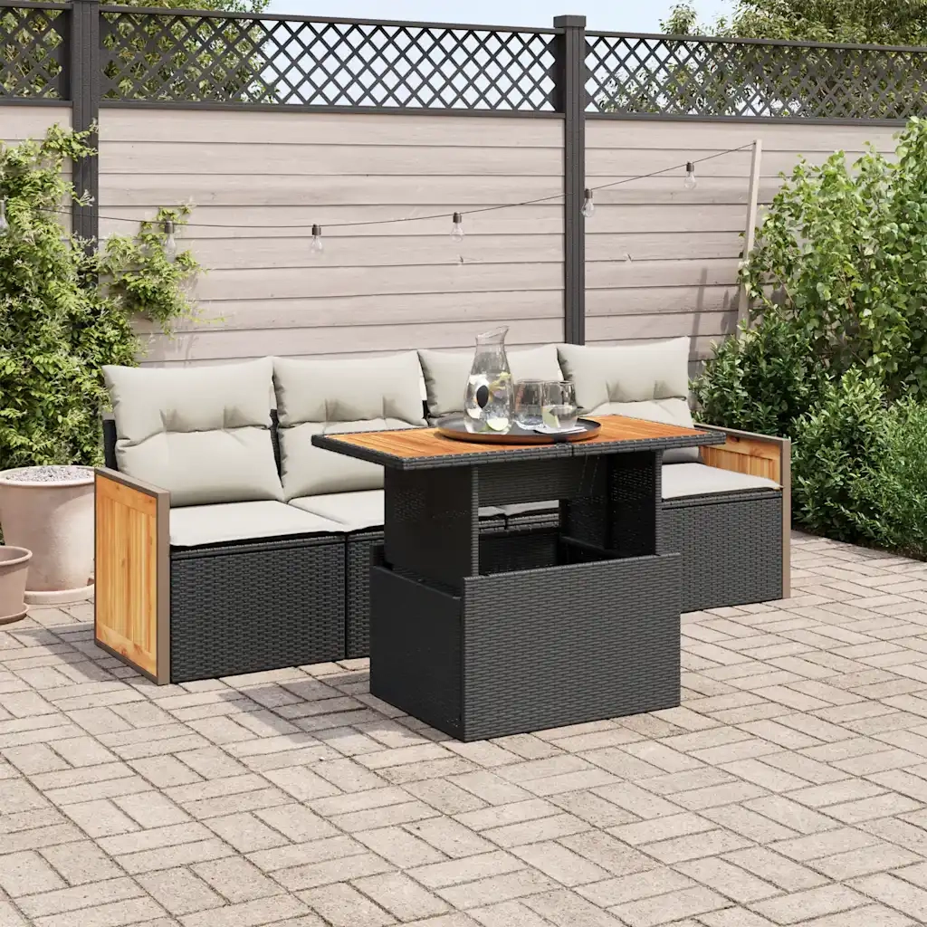 Set Divani da Giardino 5 pz con Cuscini Nero Polyrattan Acacia 3327654