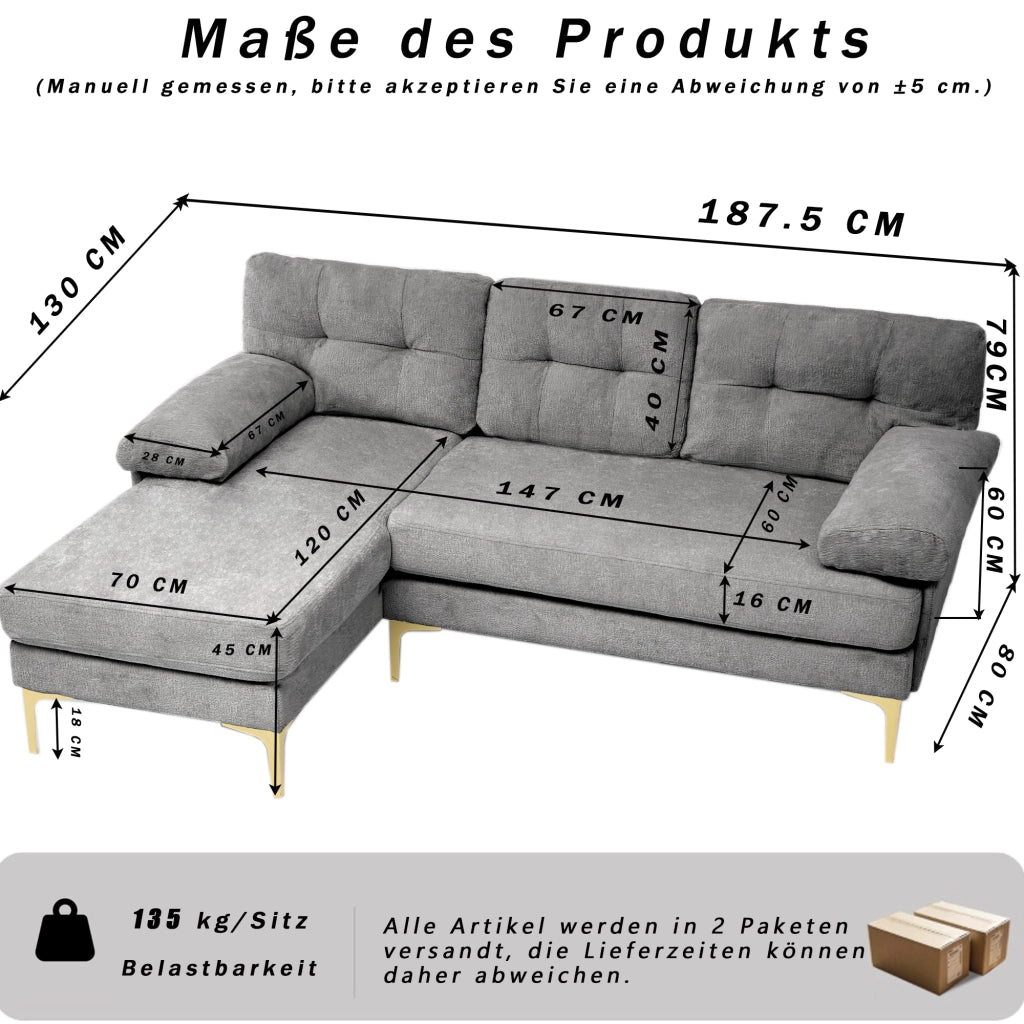 Divano angolare reversibile 3 posti con chaise longue intercambiabile e braccioli imbottiti in chenille grigio